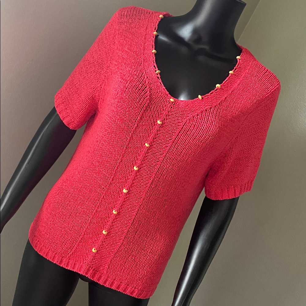 VINTAGE TANJAY Vibrant Hot Pink Knit Top with Wooden beads